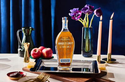 A bottle of Angel’s Envy on a silver tray