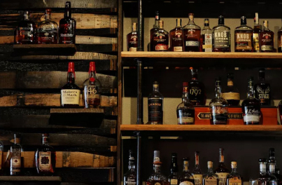 A selection of spirits bottles on shelves