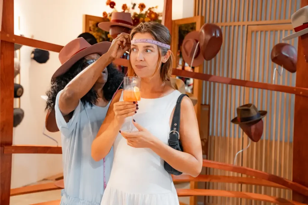 A woman enjoying a cocktail and getting her head measured