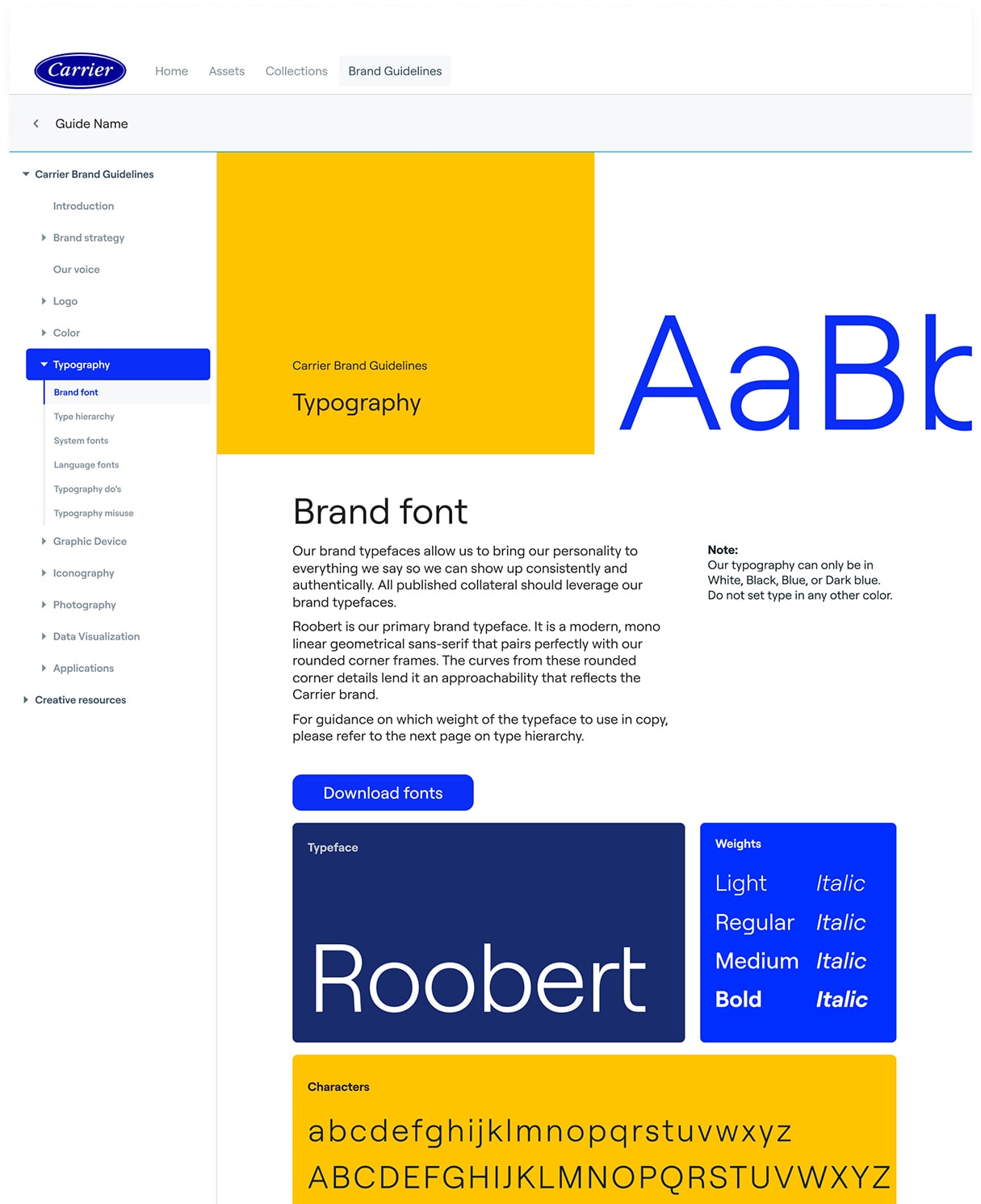 A detailed brand guidelines sheet focused on typography for Carrier.