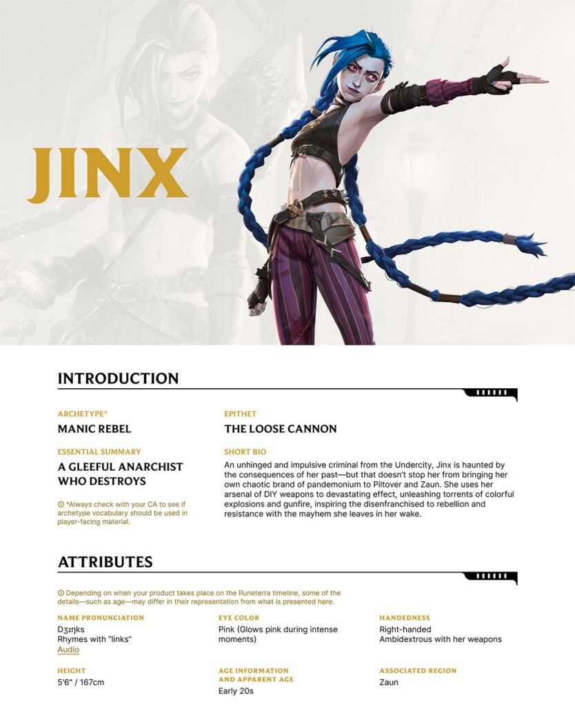 Riot Games A character info sheet for Riot Games's JINX character.
