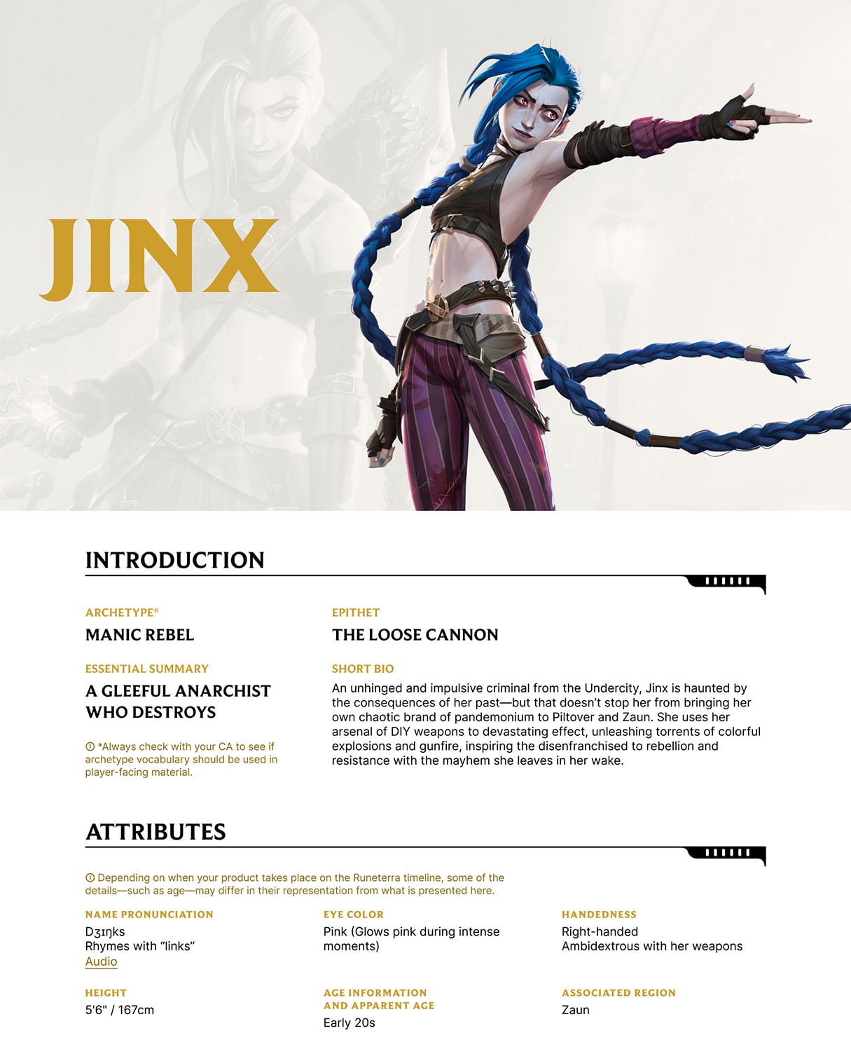 A character info sheet for Riot Games's JINX character.